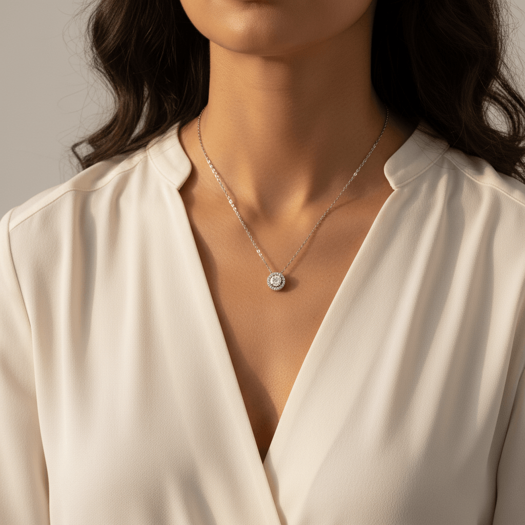 Round_Diamond_Single_Halo_Pendant_On_Model_2
