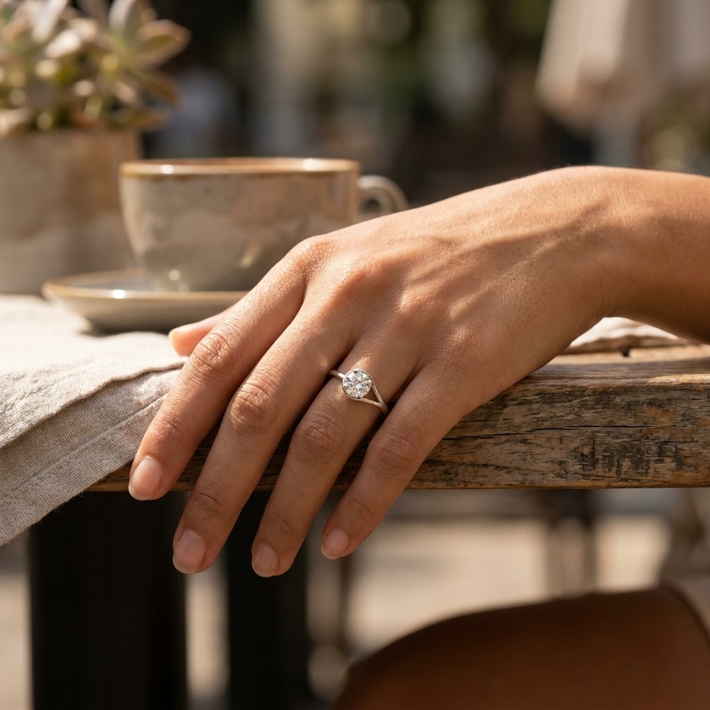 Round_Rub_Over_Design_Diamond_Engagement_Ring_On_Hand