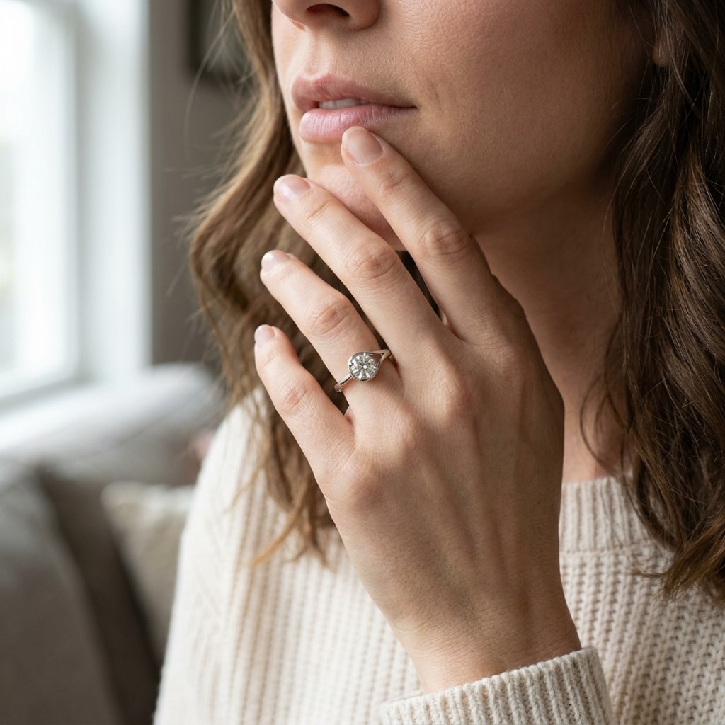 Round_Rub_Over_Design_Diamond_Engagement_Ring_On_Model