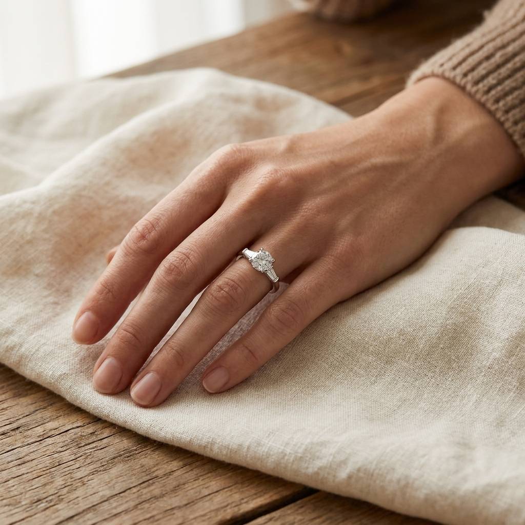 Round_Shape_And_Tapered_Baguettes_Diamond_Engagement_Ring_On_Hand