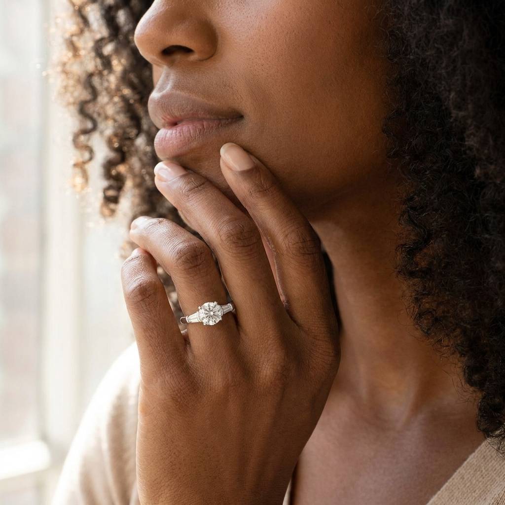 Round_Shape_And_Tapered_Baguettes_Diamond_Engagement_Ring_On_Model