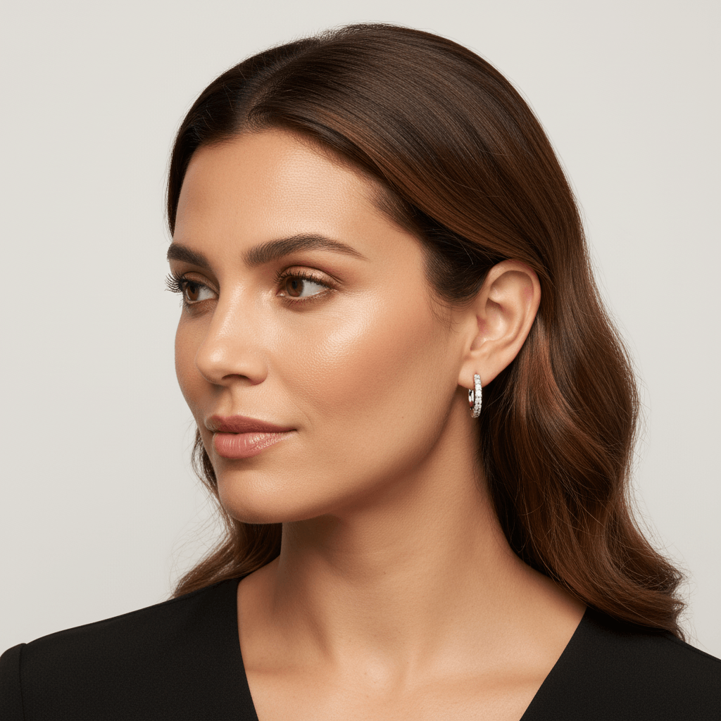 Round_Shape_Claw_Set_Hoops_Diamond_Earrings_On_Model_2