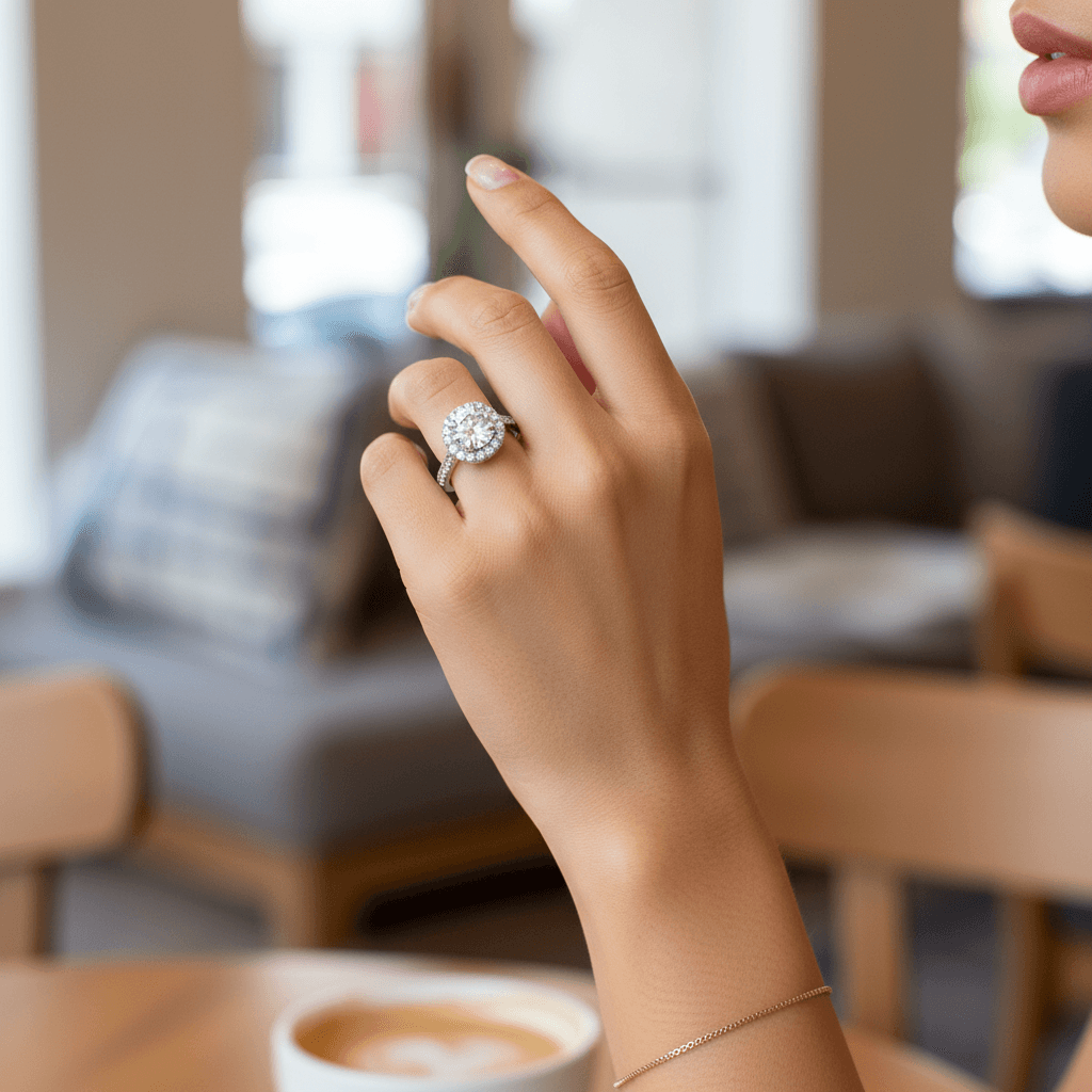 Round_Shape_Diamond_Halo_Engagement_Ring_On_Hand