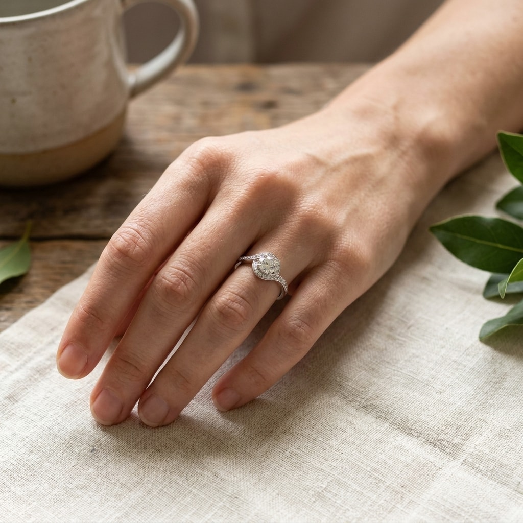 Round_Shape_Diamond_Twist_Halo_Engagement_Ring_On_Hand