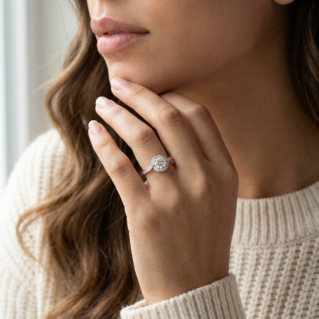 Round_Shape_Diamond_Twist_Halo_Engagement_Ring_On_Model
