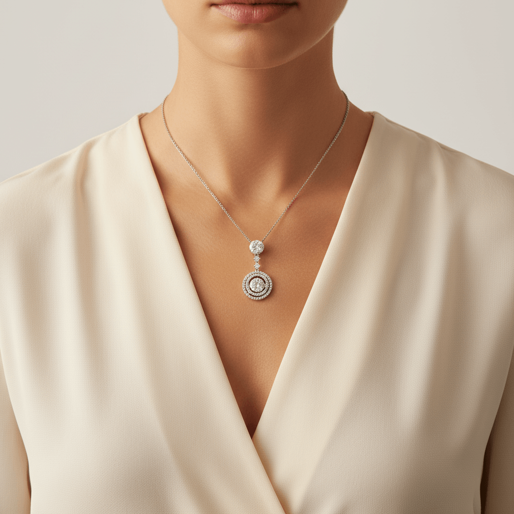 Round_Shape_Drop_Double_Halo_Diamond_Pendant_On_Model_2