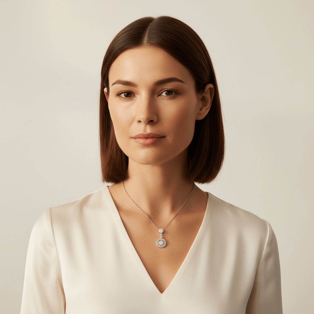 Round_Shape_Drop_Double_Halo_Diamond_Pendant_On_Model