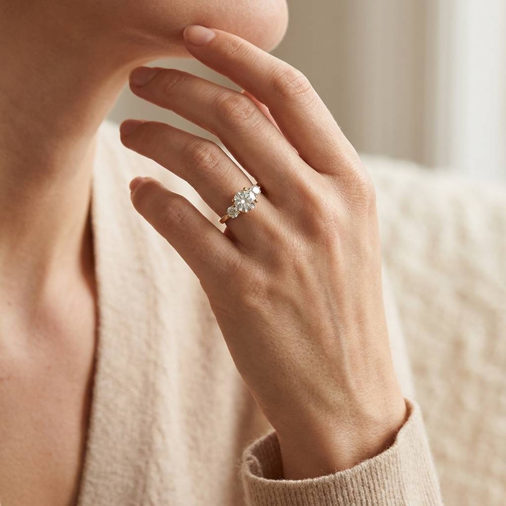 Round_Shape_Lab_Grown_Diamond_Trilogy_Engagement_Ring_On_Hand