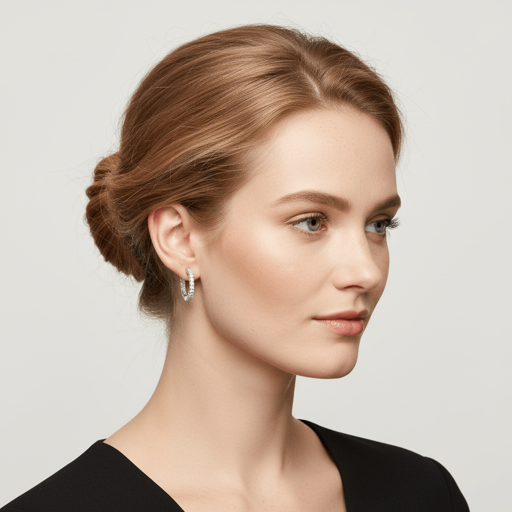 Round_Shape_Small_Claw_Set_Hoops_Diamond_Earrings_On_Model_2