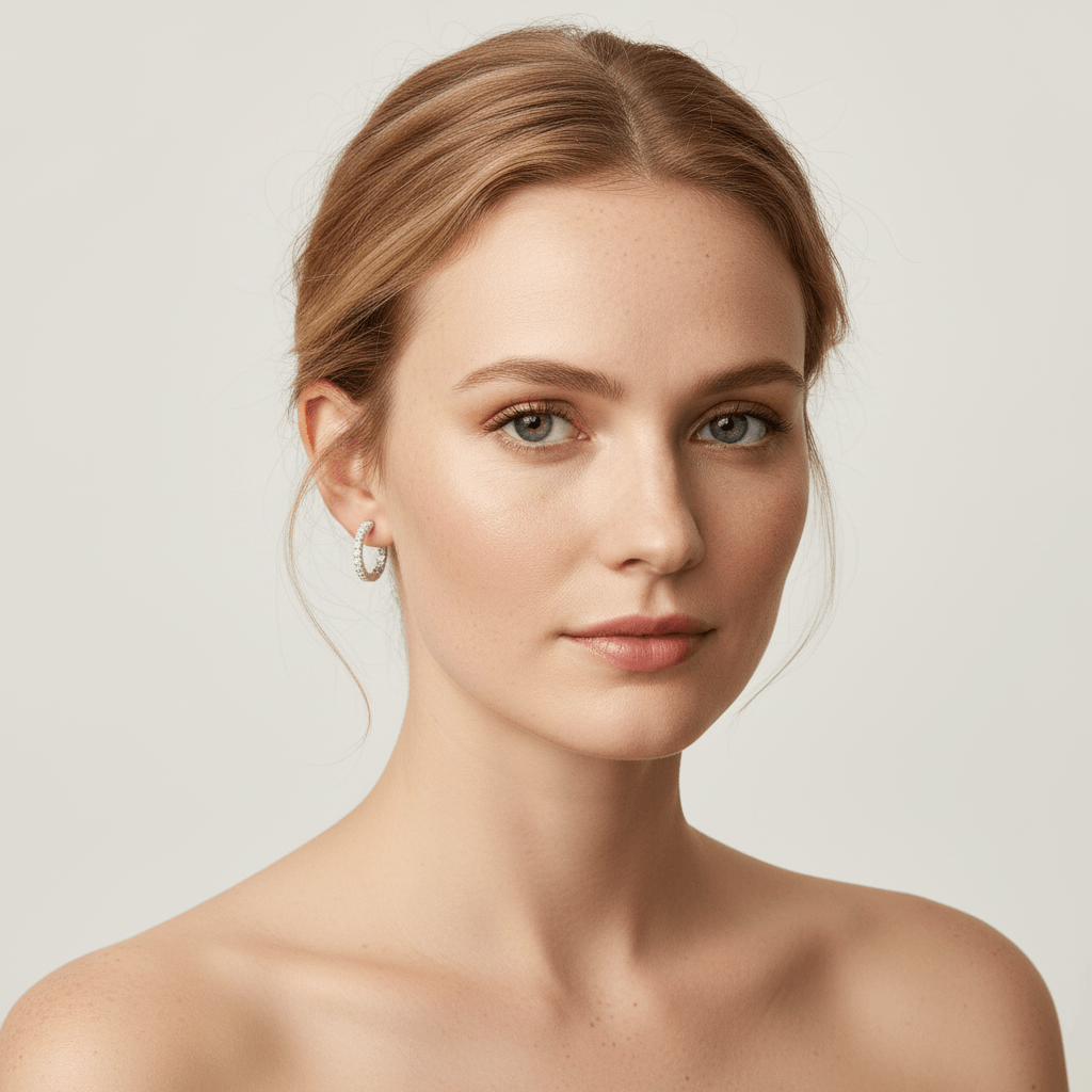Round_Shape_Small_Claw_Set_Hoops_Diamond_Earrings_On_Model