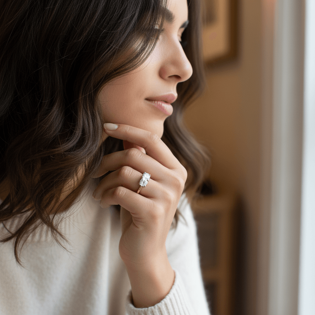 Round_Shape_Trilogy_Pave_Set_Bridge_Diamond_Engagement_Ring_On_Model