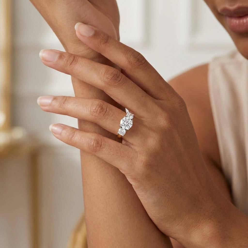 Round Shape Trilogy Pave Set Bridge Diamond Engagement Ring On Hand