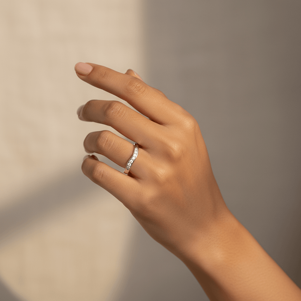 Shaped_U_Curved_Diamond_Wedding_Ring_On_Hand
