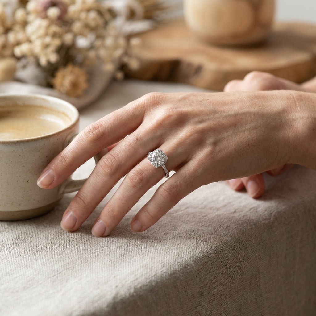 Sharp_Corner_Halo_Round_Diamond_Engagement_Ring_On_Hand