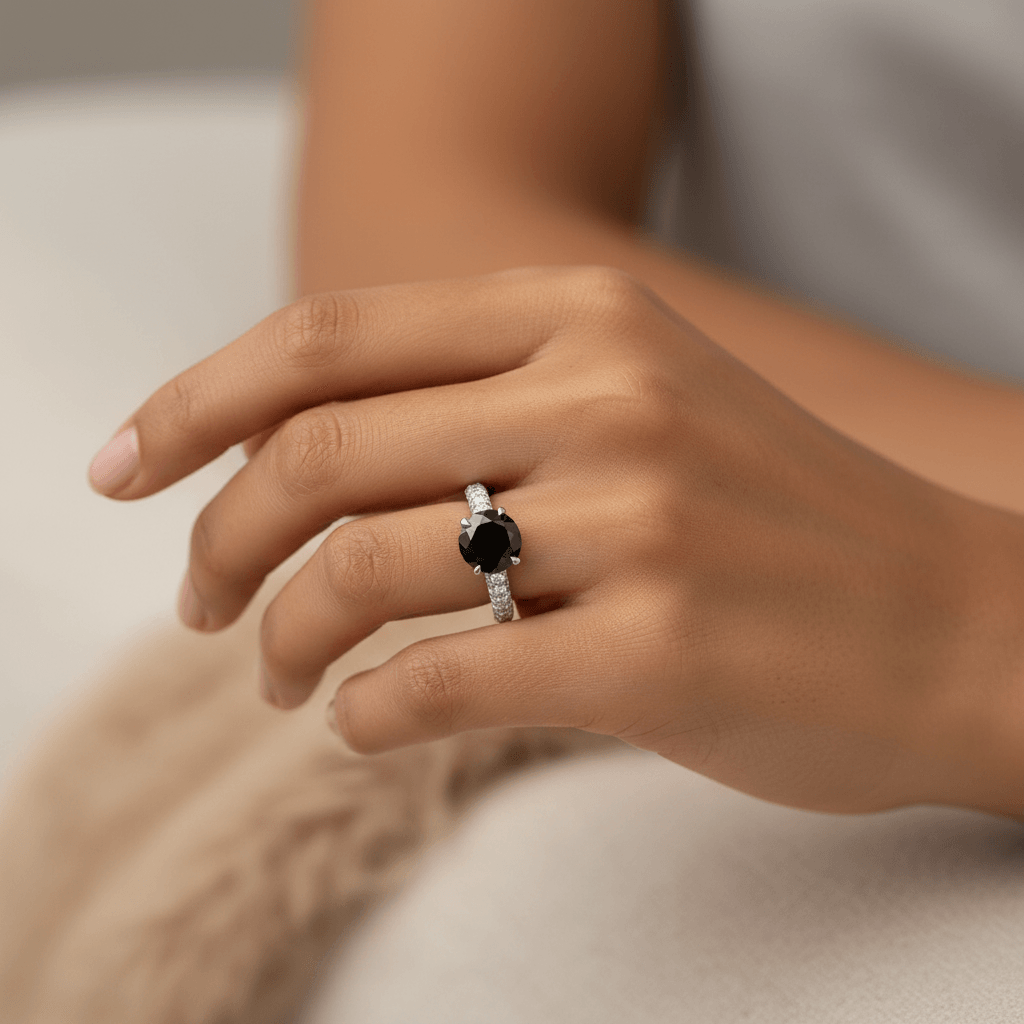 Six_Claw_3_Sides_Band_Setting_Round_Black_Diamond_Engagement_Ring_On_Hand