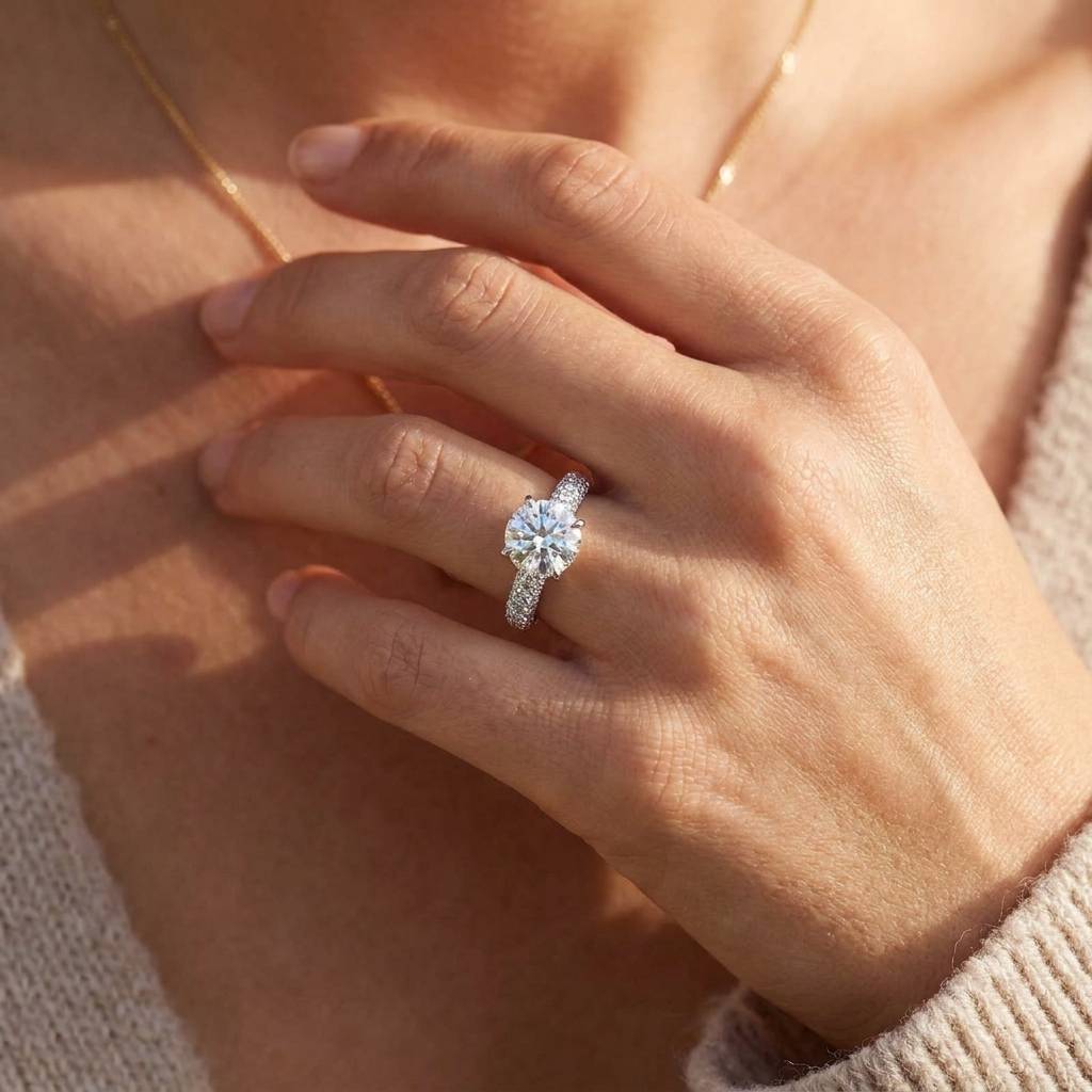 Six_Claw_3_Sides_Band_Setting_Round_Shape_Diamond_Engagement_Ring_On_Hand