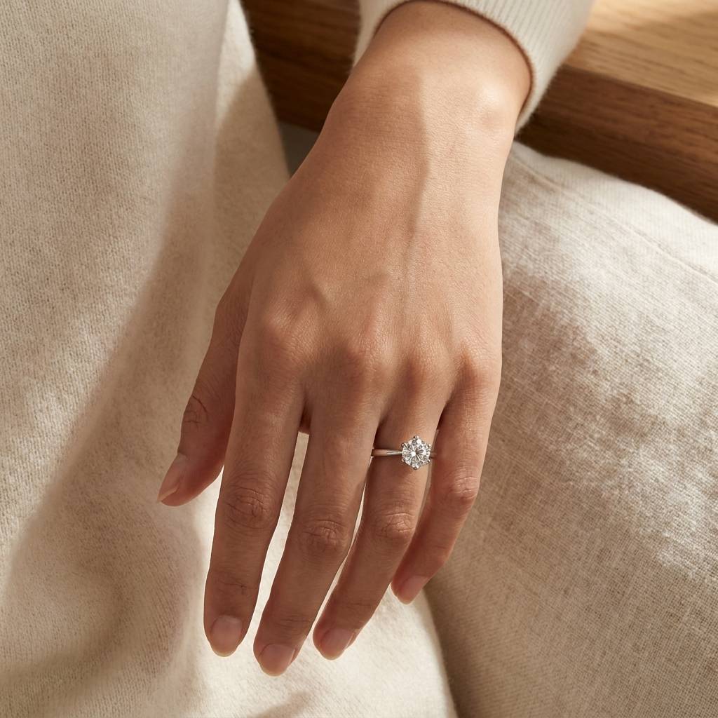 Six_Claw_Solitaire_Round_Lab_Grown_Diamond_Engagement_Ring_On_Hand