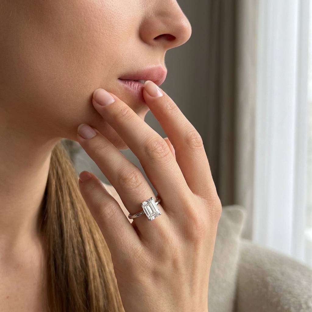 Sofia Richie emerald cut lab grown diamond engagement ring