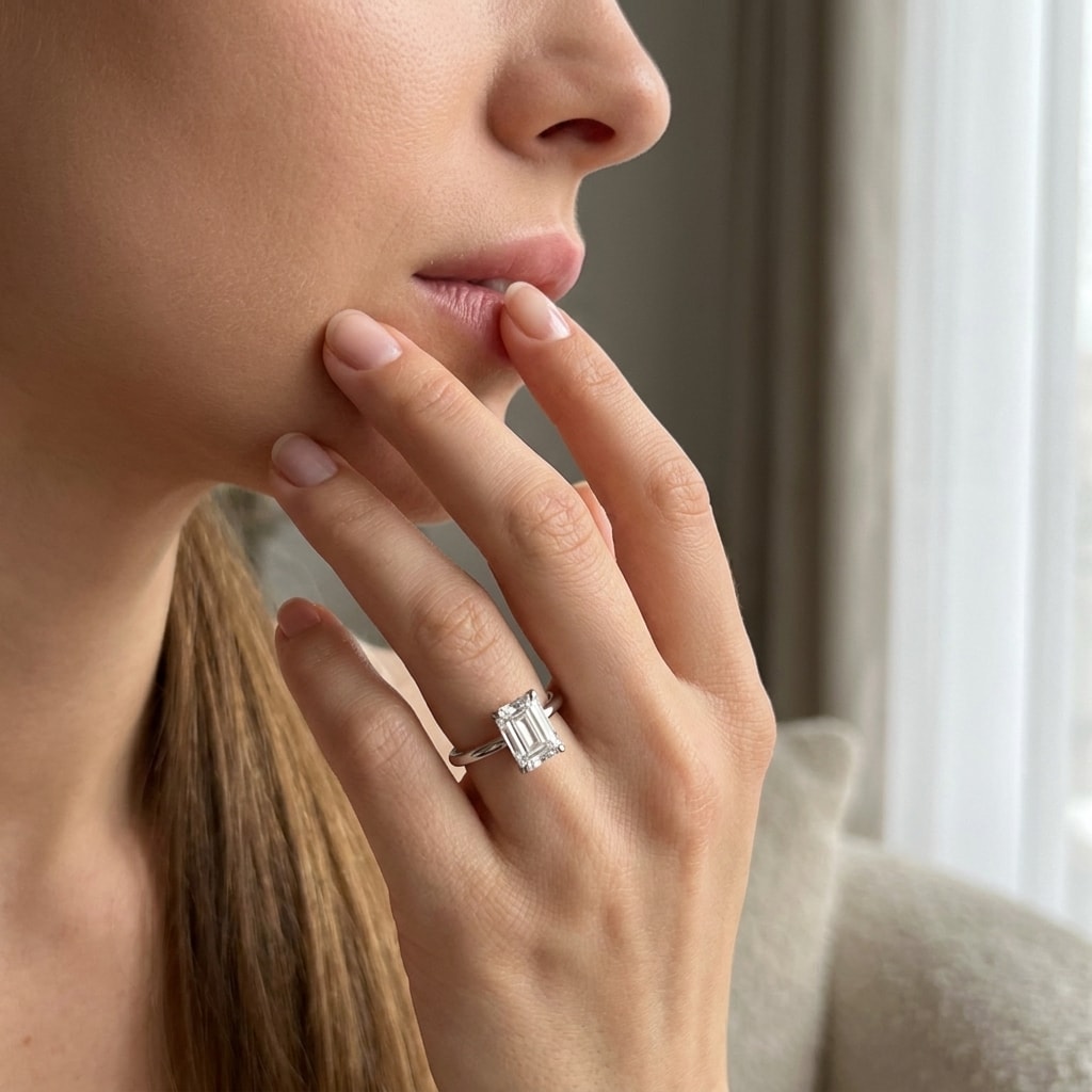 Sofia_Richie_Emerald_Cut_Solitaire_Diamond_Engagement_Ring_On_Model