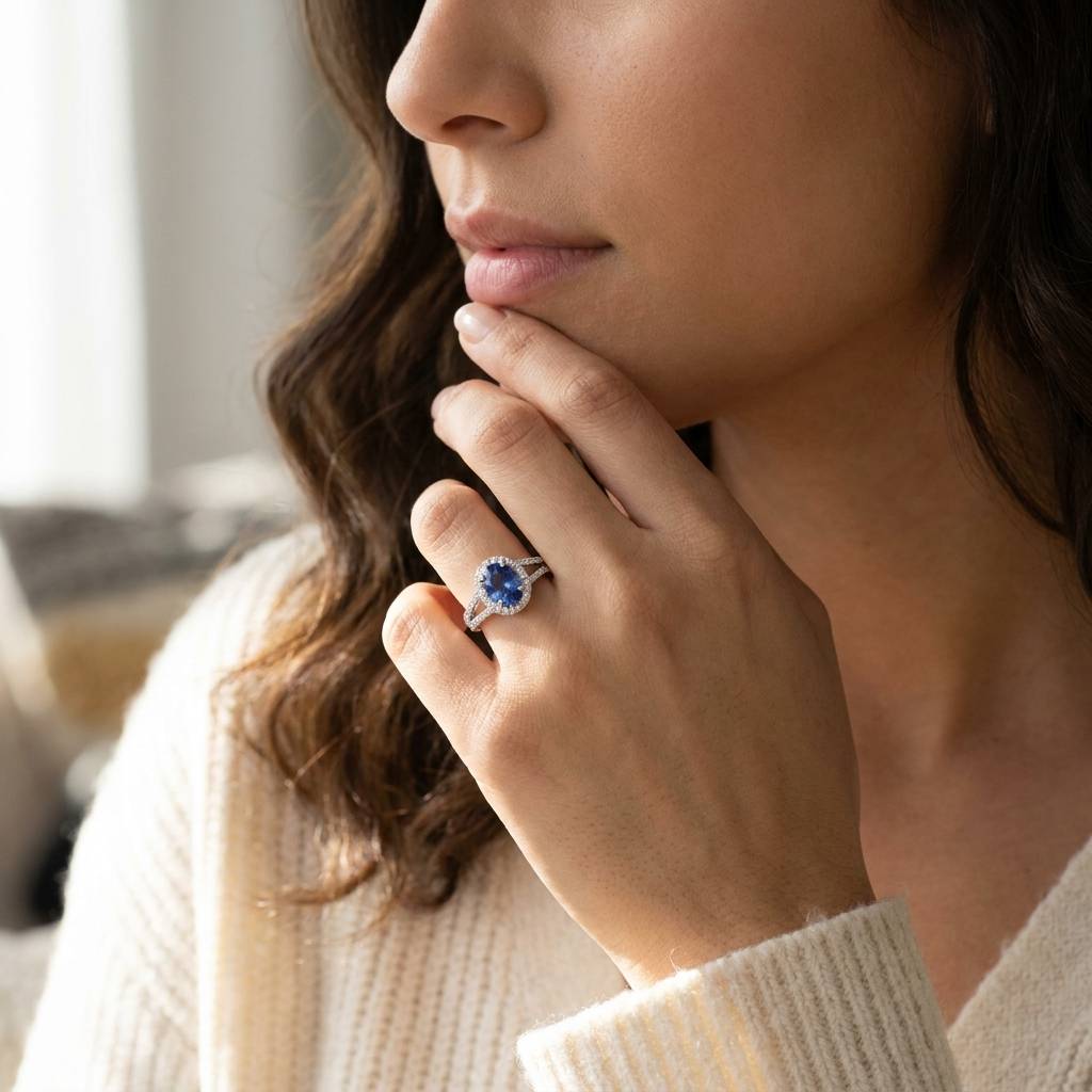 Split_Shank_Blue_Sapphire_Oval_Shape_Diamond_Halo_Ring_On_Model