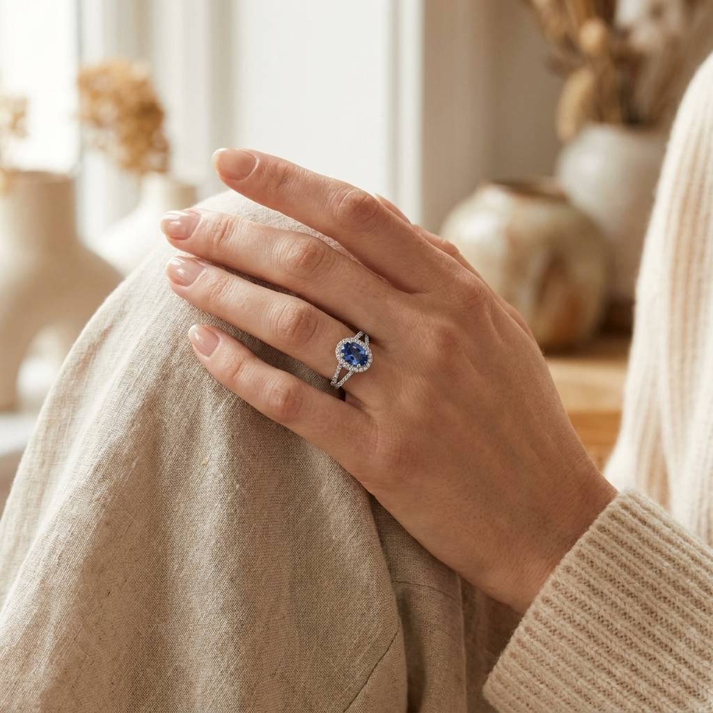 Split_Shank_Blue_Sapphire_Oval_Shape_Diamond_Halo_Ring_On_Hand