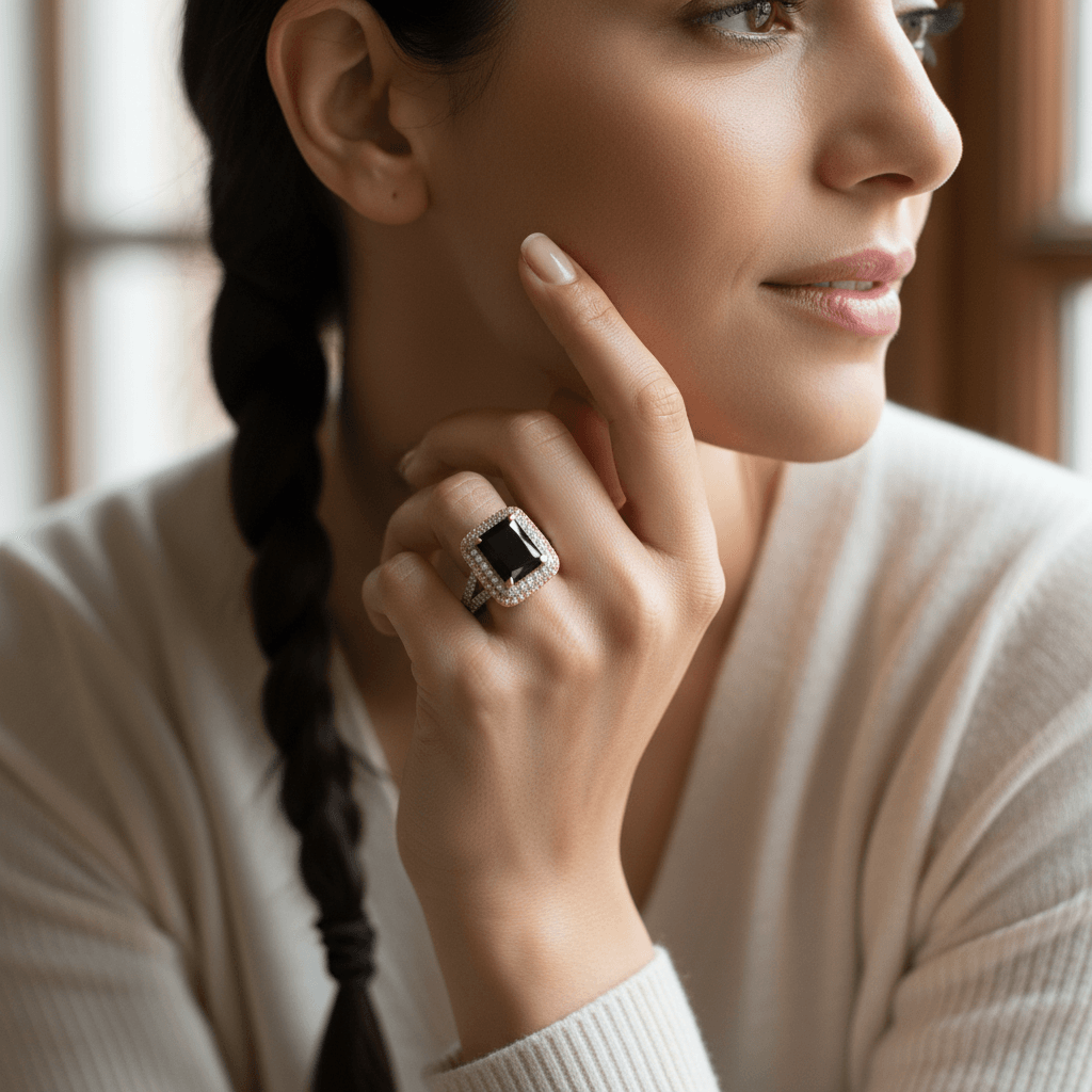 Split_Shank_Double_Halo_Emerald_Cut_Black_Diamond_Engagement_Ring_On_Model