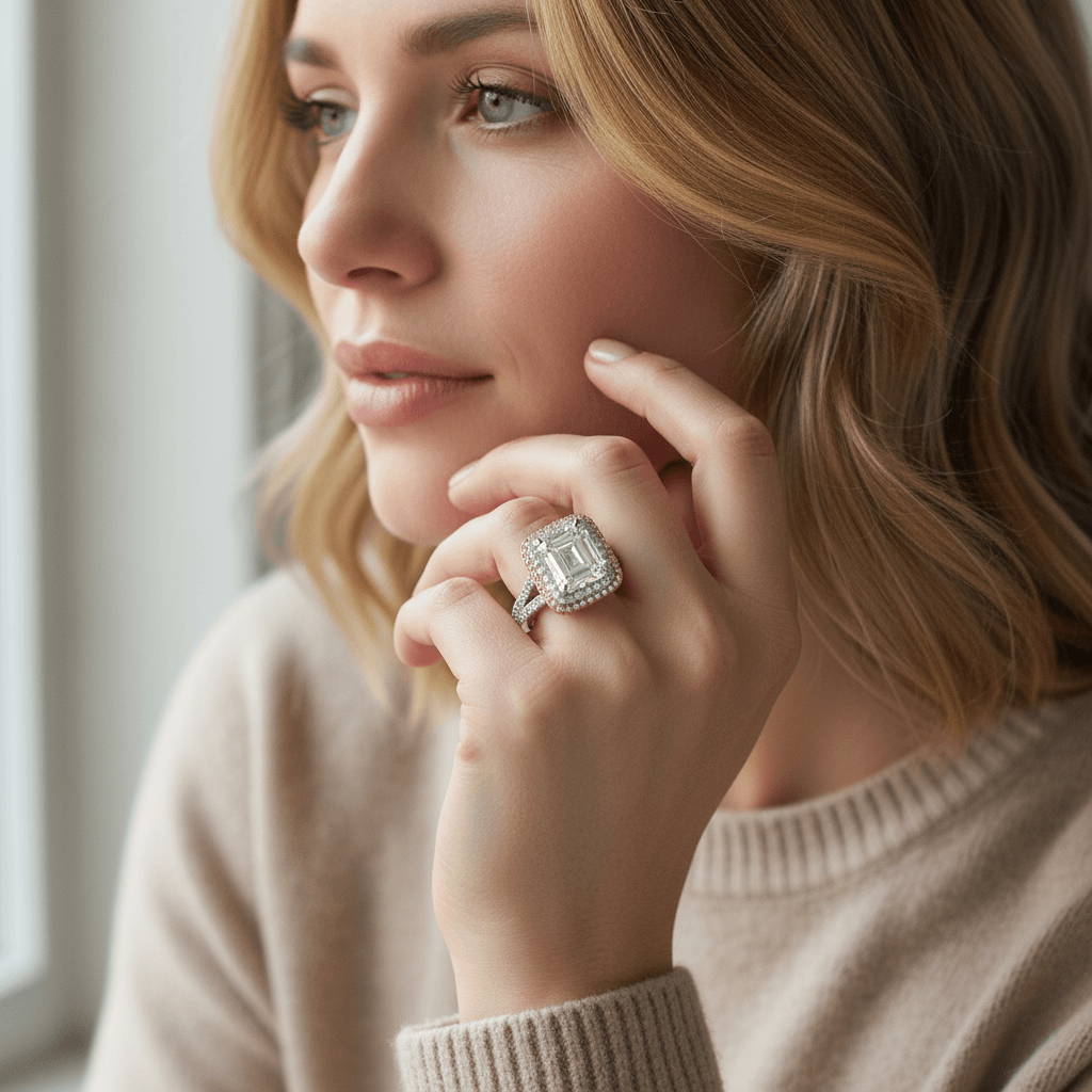 Split_Shank_Double_Halo_Emerald_Shape_Lab_Grown_Diamond_Engagement_Ring_On_Model