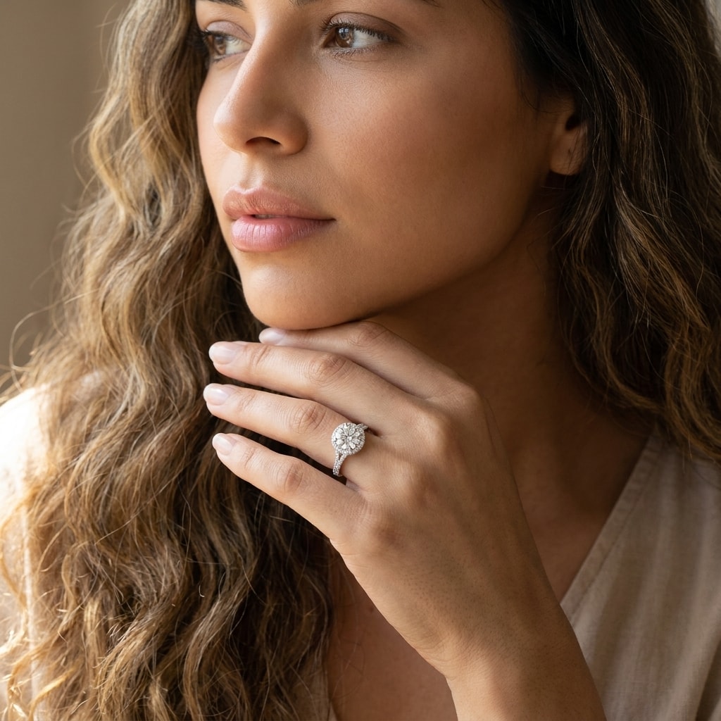 Split_Shank_Round_Shape_Halo_Engagement_Ring_On_Model