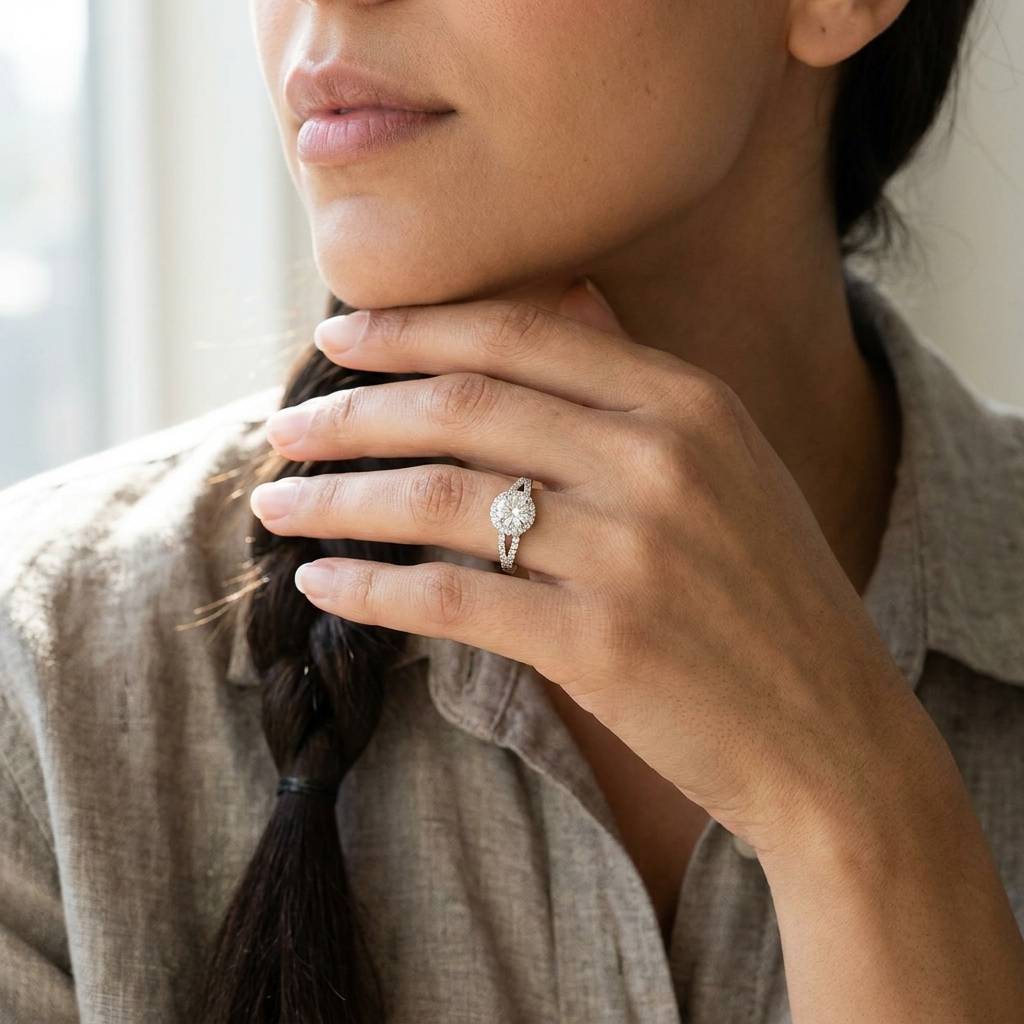 Split_Shank_Round_Shape_Diamond_Halo_Engagement_Ring_On_Model