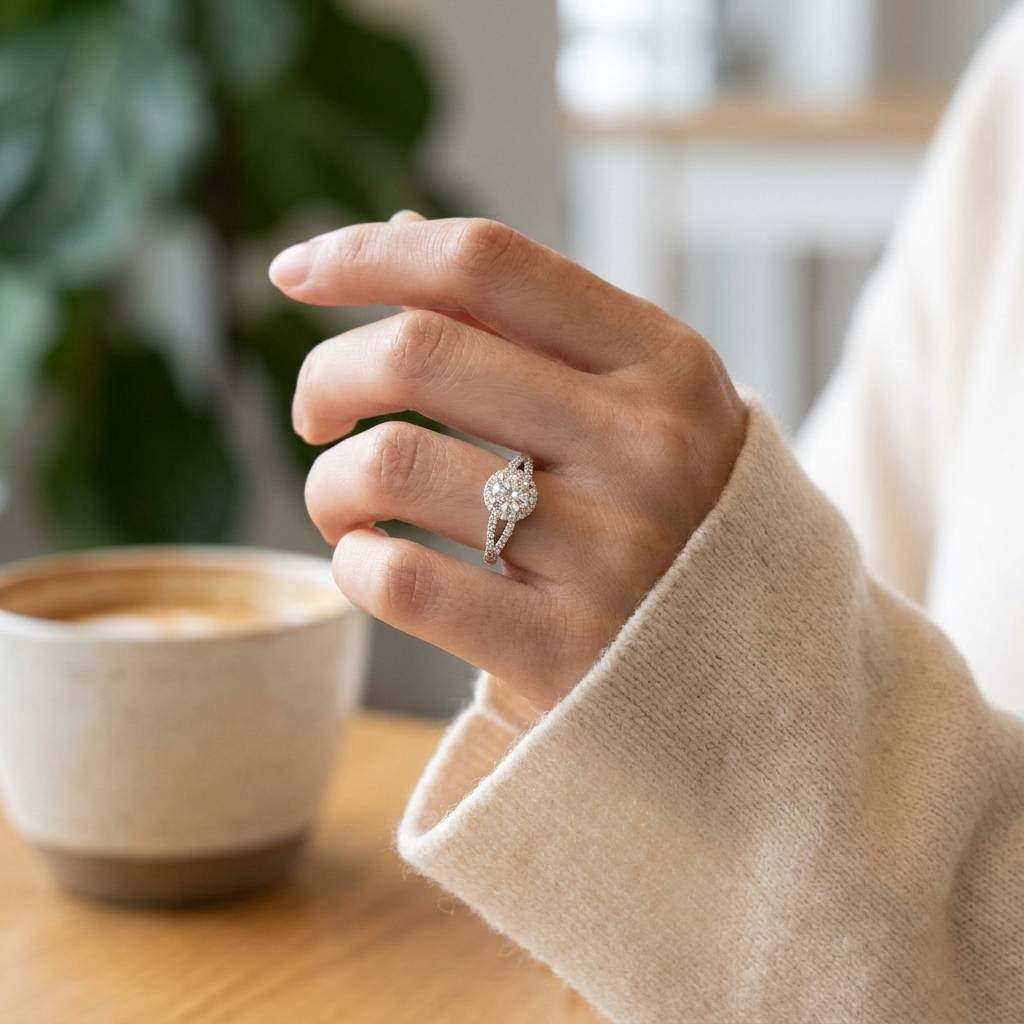 Split_Shank_Round_Shape_Lab_Grown_Diamond_Halo_Engagement_Ring_On_Hand