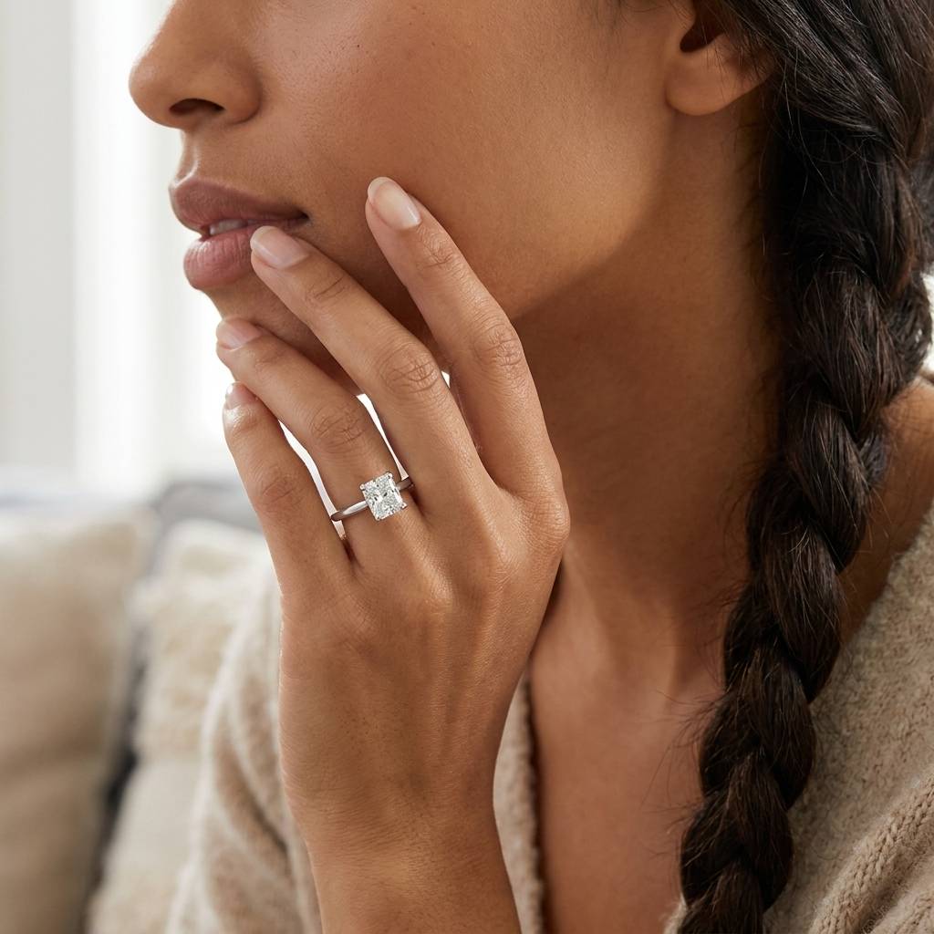 Square_Radiant_Shape_Solitaire_Diamond_Engagement_Ring_On_Model