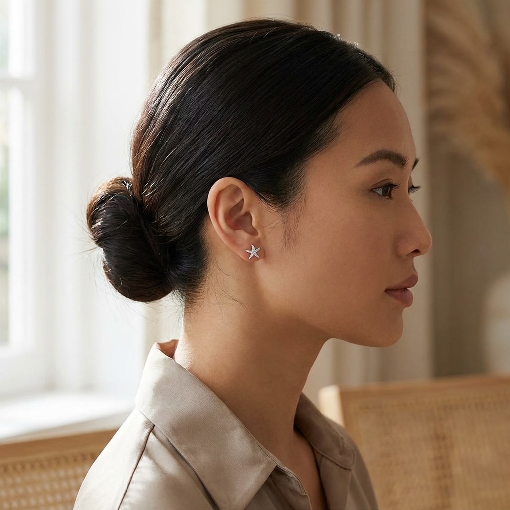 Star_Fish_Shape_Diamond_Earrings_Studs_On_Model_2