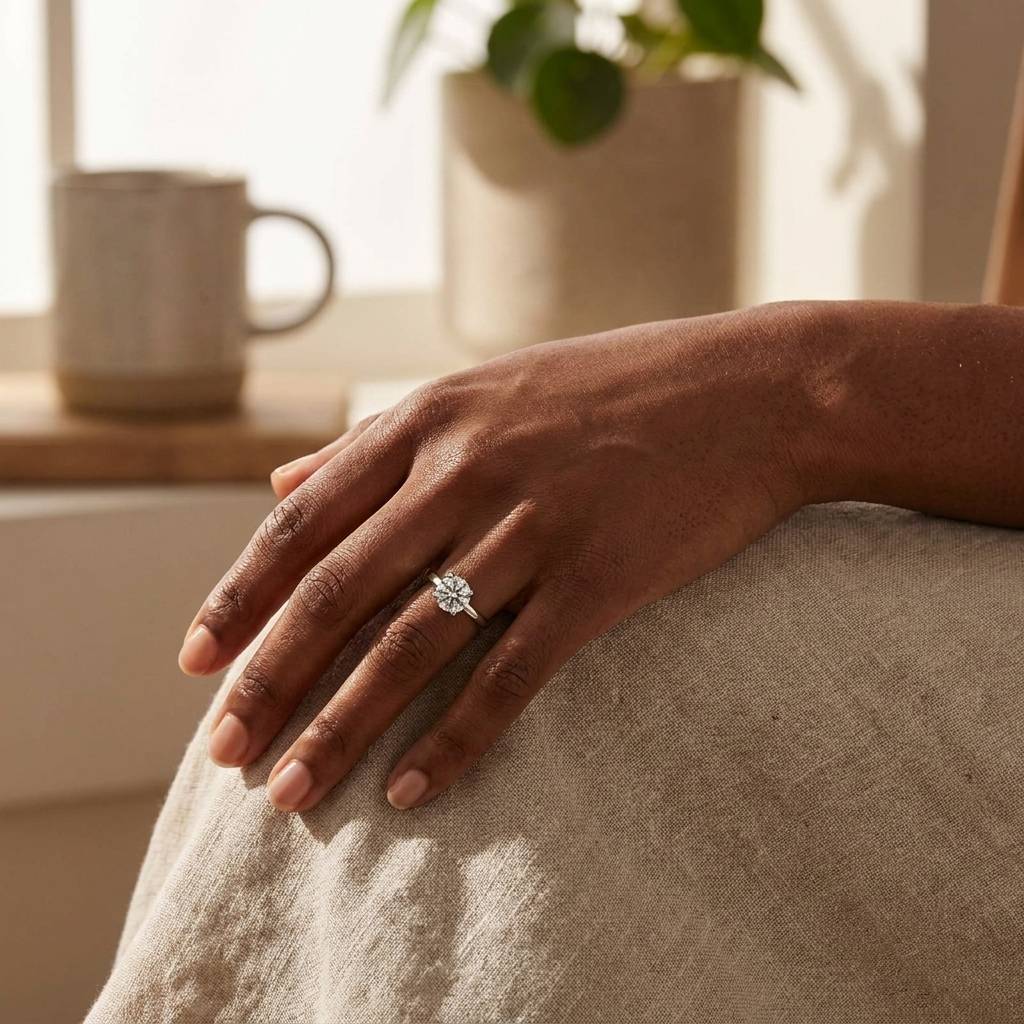 Straight_Band_Round_Lab_Grown_Diamond_Engagement_Ring_On_Hand
