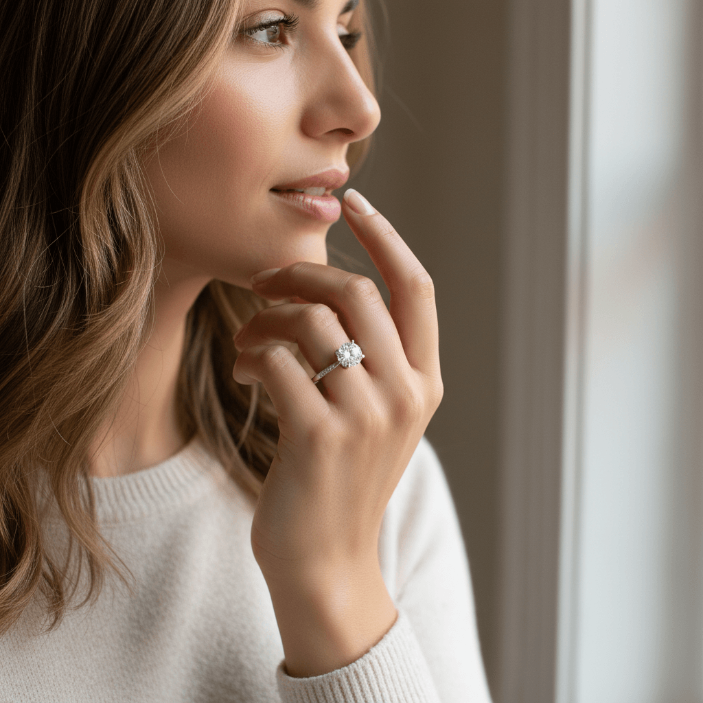 Tapered_Band_Pave_Setting_Round_Shape_Lab_Grown_Diamond_Engagement_Ring_On_Model