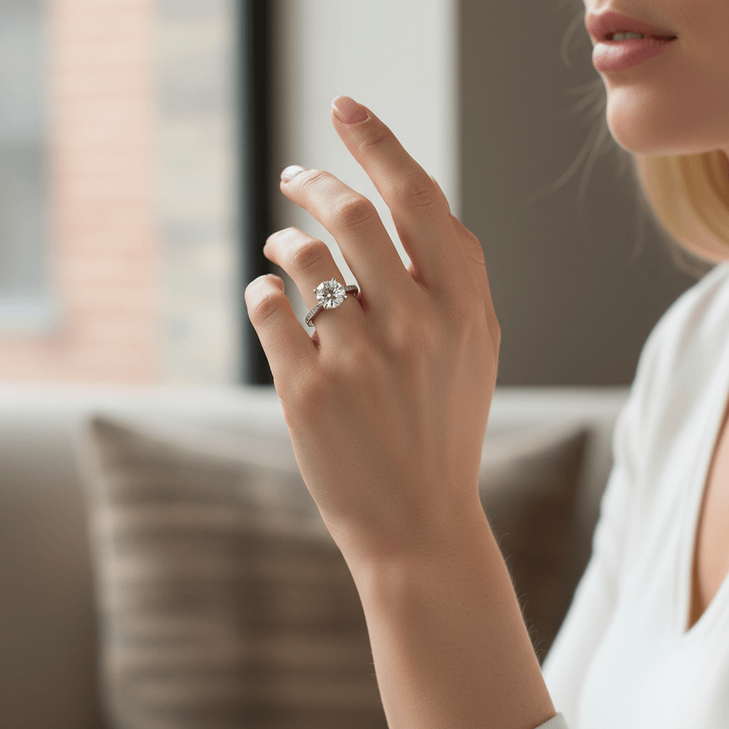 Tapered_Band_Pave_Setting_Round_Shape_Lab_Grown_Diamond_Engagement_Ring_On_Hand