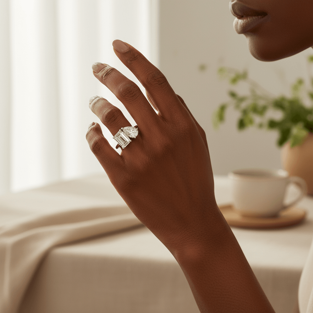 Toi_et_Moi_Emerald_and_Pear_Shaped_Lab_Grown_Diamond_Engagement_Ring_On_Hand