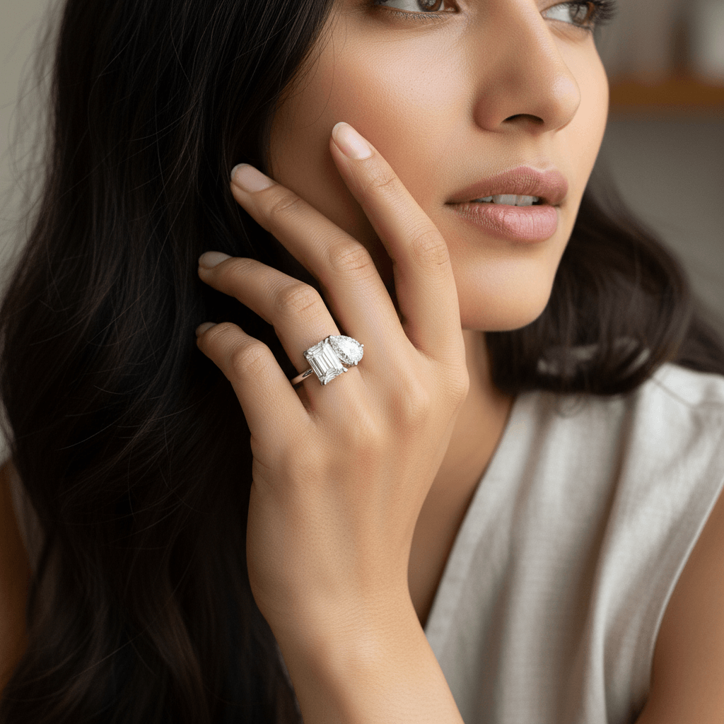 Toi_et_Moi_Emerald_and_Pear_Shaped_Lab_Grown_Diamond_Engagement_Ring_On_Model