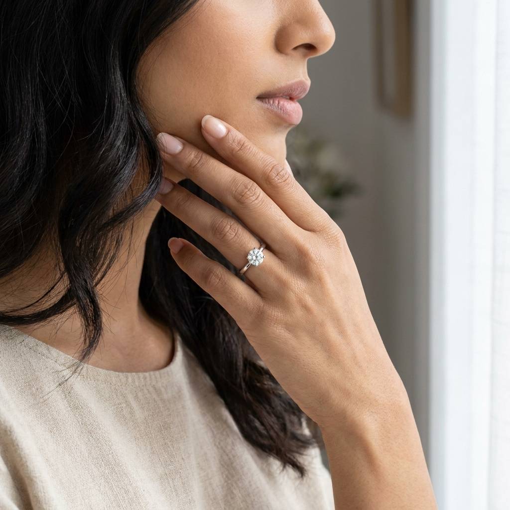Traditional_Four_Claw_Round_Solitaire_Diamond_Engagement_Ring_On_Model