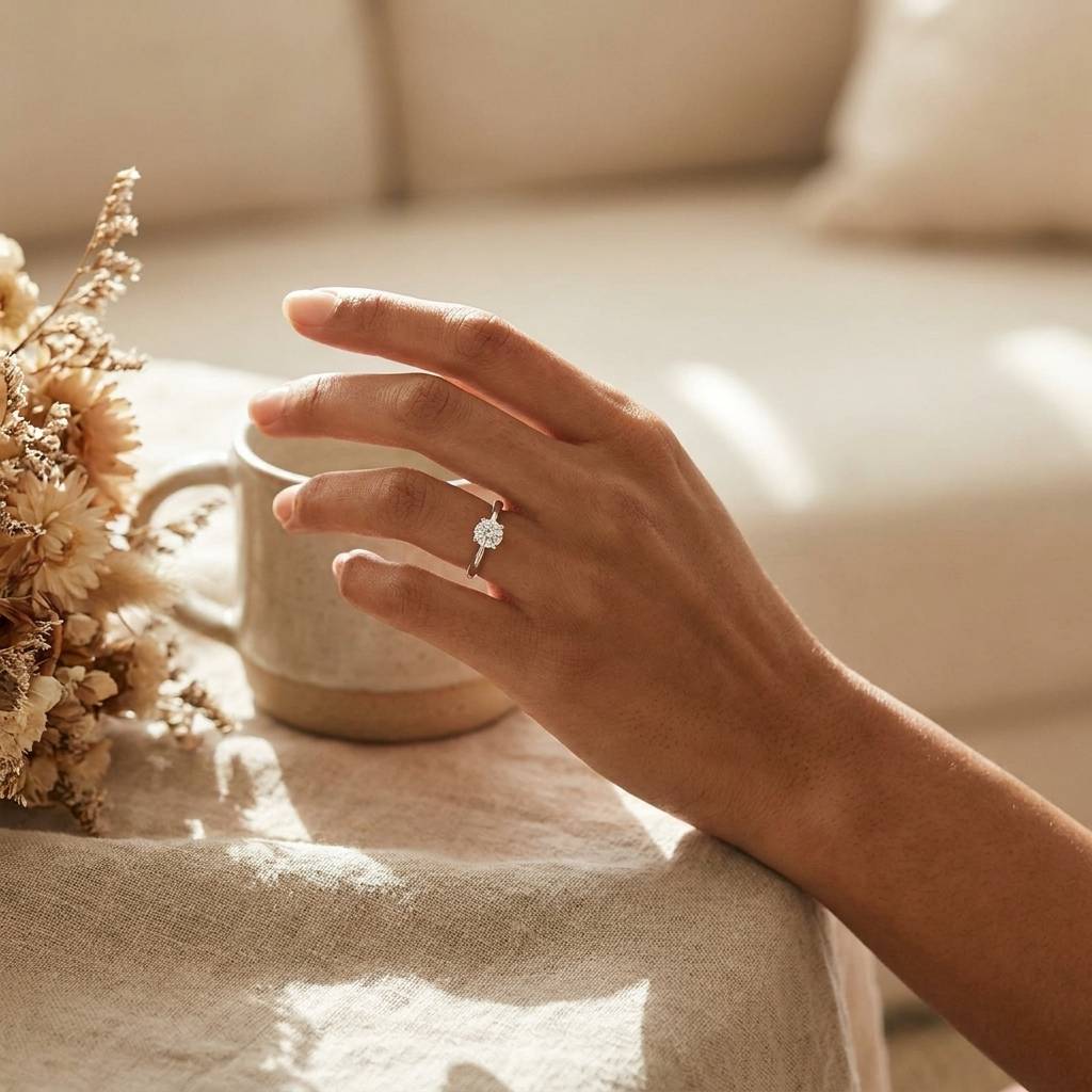 Traditional_Four_Claw_Round_Solitaire_Diamond_Engagement_Ring_On_Hand