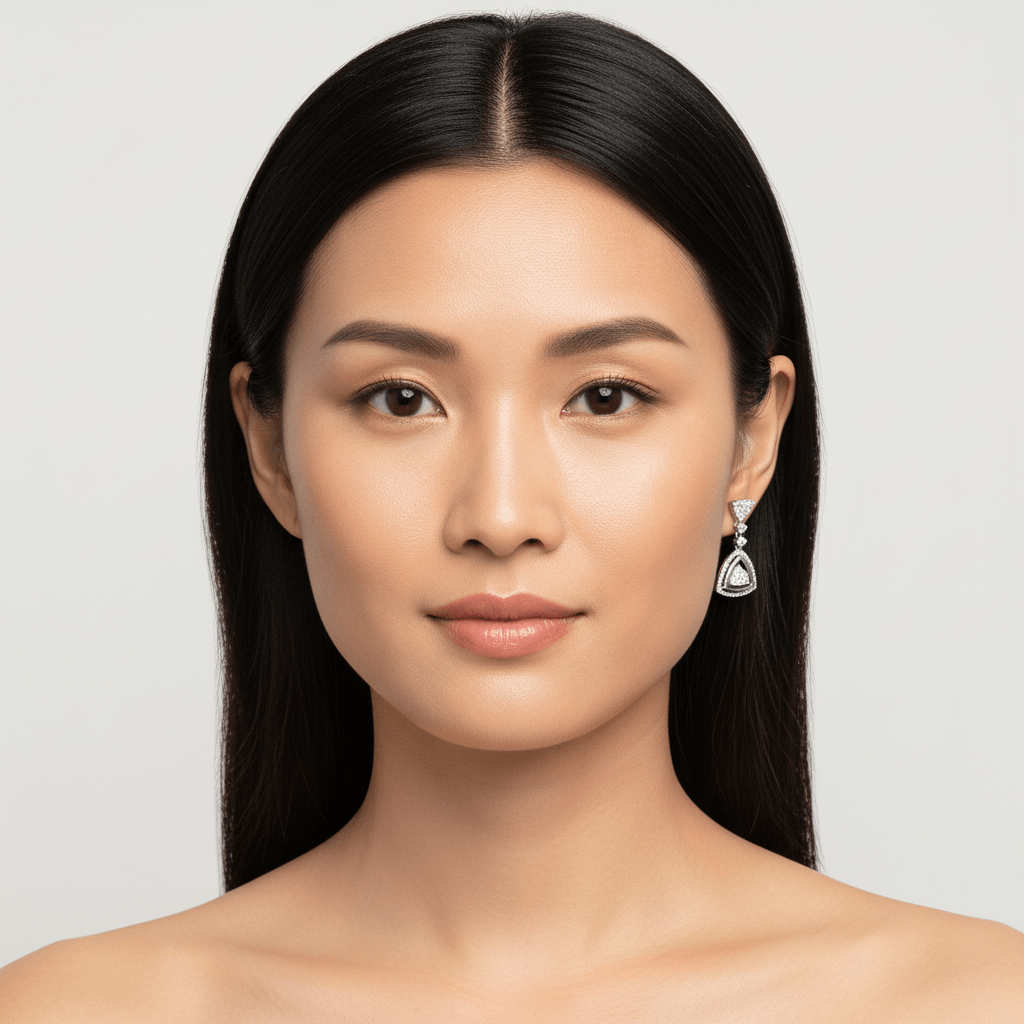 Triangle_Shape_Moveable_Drop_Diamond_Earrings_On_Model