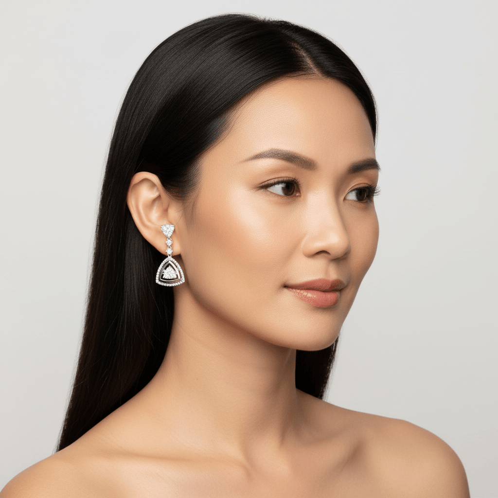 Triangle_Shape_Moveable_Drop_Diamond_Earrings_On_Model_2