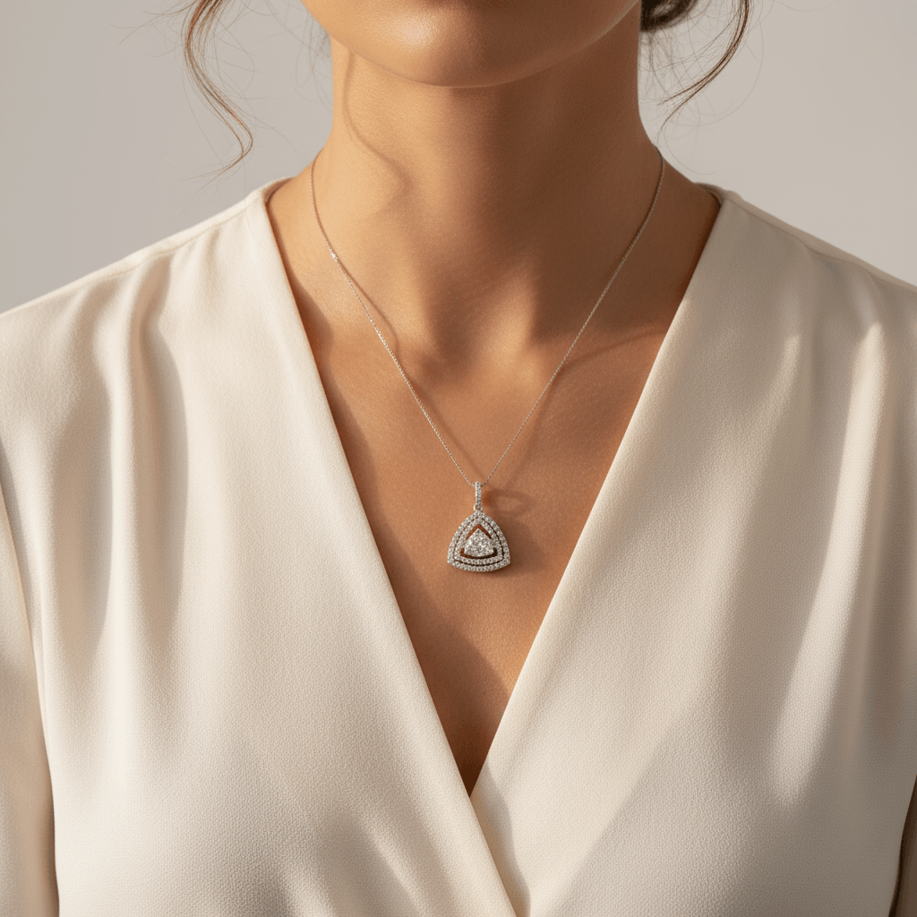 Triangle_Shaped_Double_Halo_Diamond_Pendant_On_Model_2