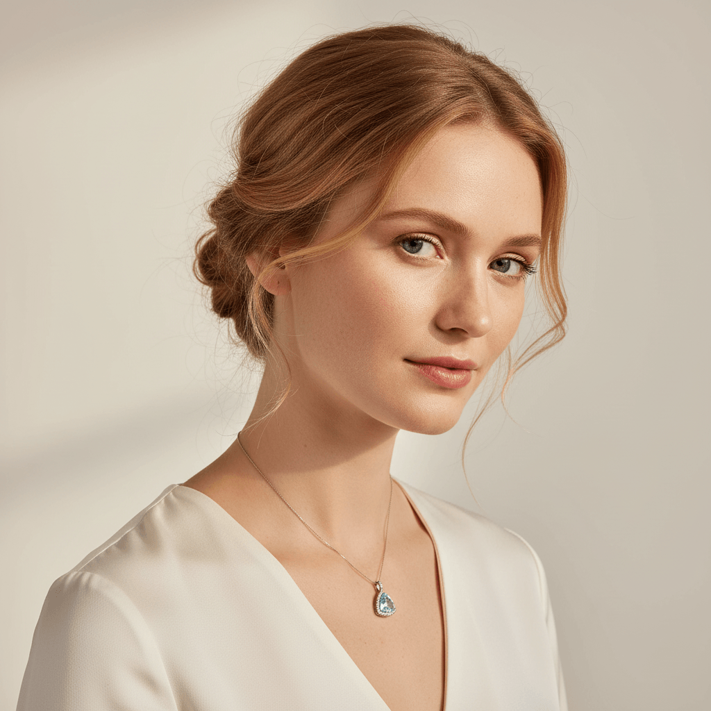 Trilliant_Cut_Aquamarine_Halo_Diamond_Pendant_On_Model