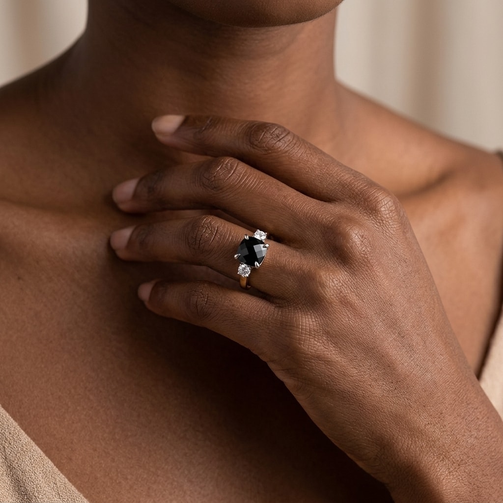 Trilogy_Black_Cushion_Diamond_Engagement_Ring_On_Hand