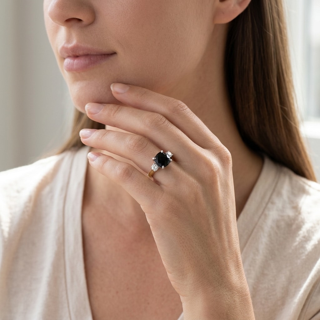 Trilogy_Black_Cushion_Diamond_Engagement_Ring_On_Model