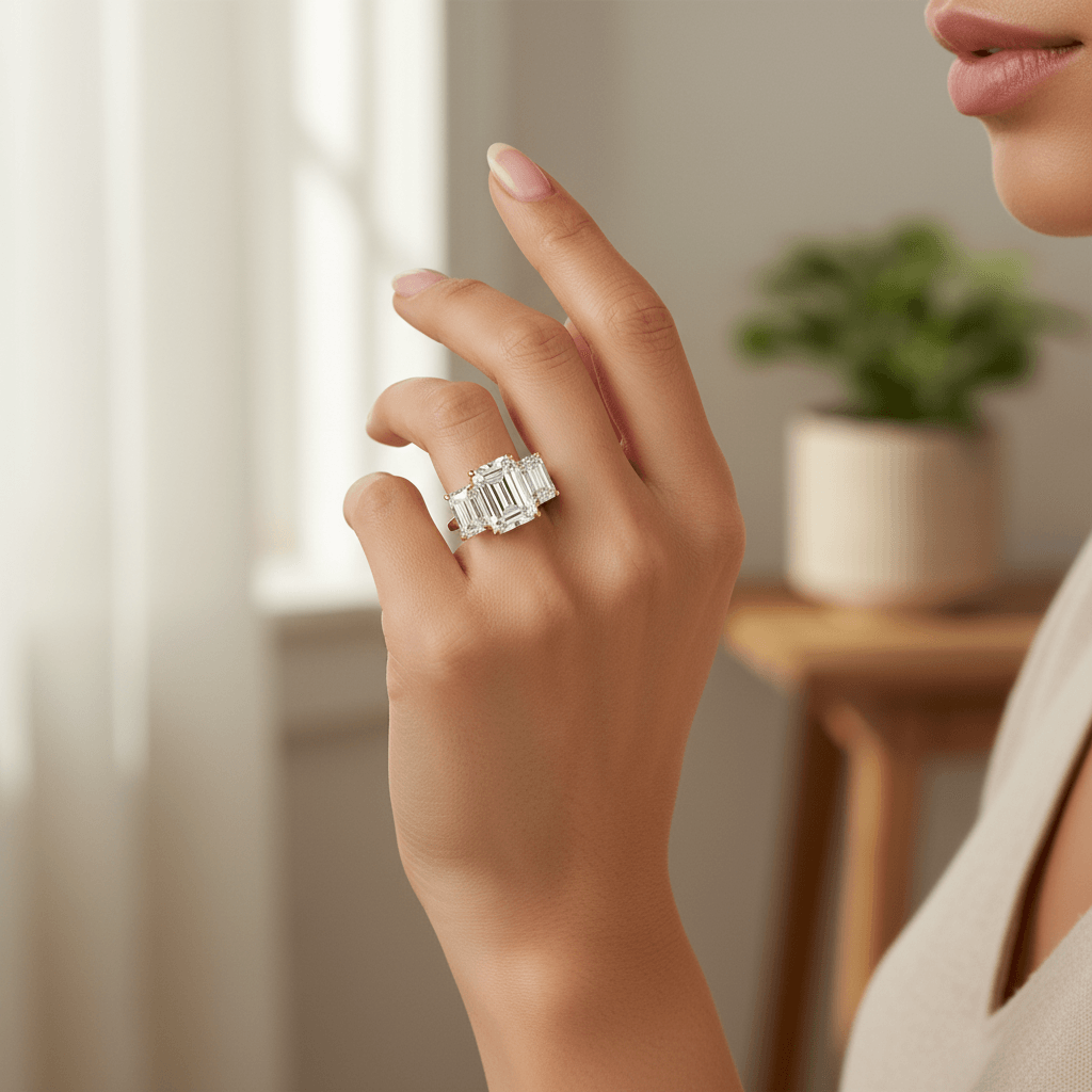 Trilogy_Emerald_Lab_Grown_Diamond_Engagement_Ring_On_Hand