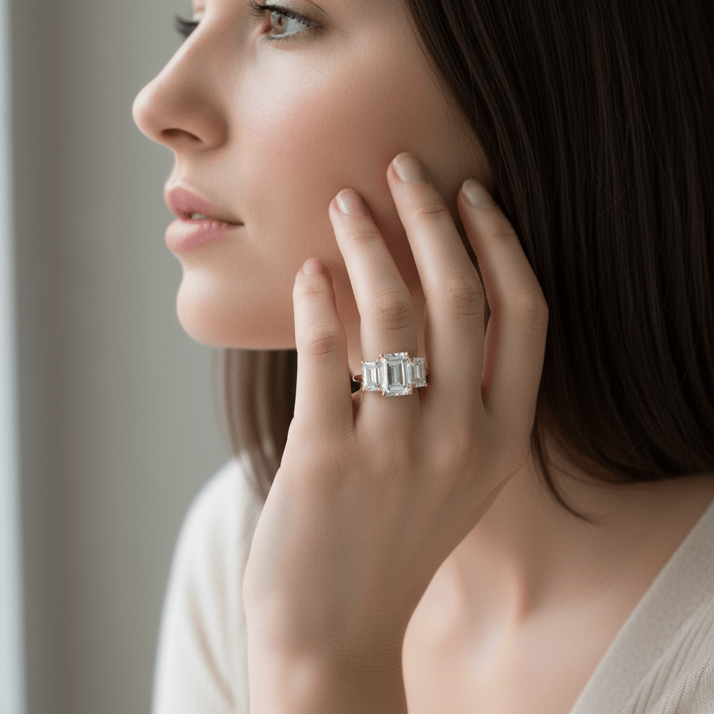 Trilogy_Emerald_Lab_Grown_Diamond_Engagement_Ring_On_Model