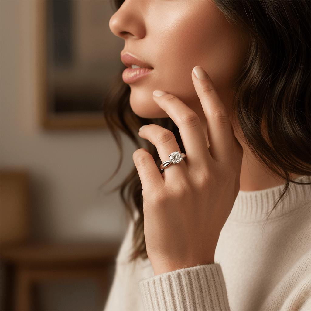 Twisted_Band_Plain_Solitaire_Round_Lab_Grown_Diamond_Engagement_Ring_On_Model