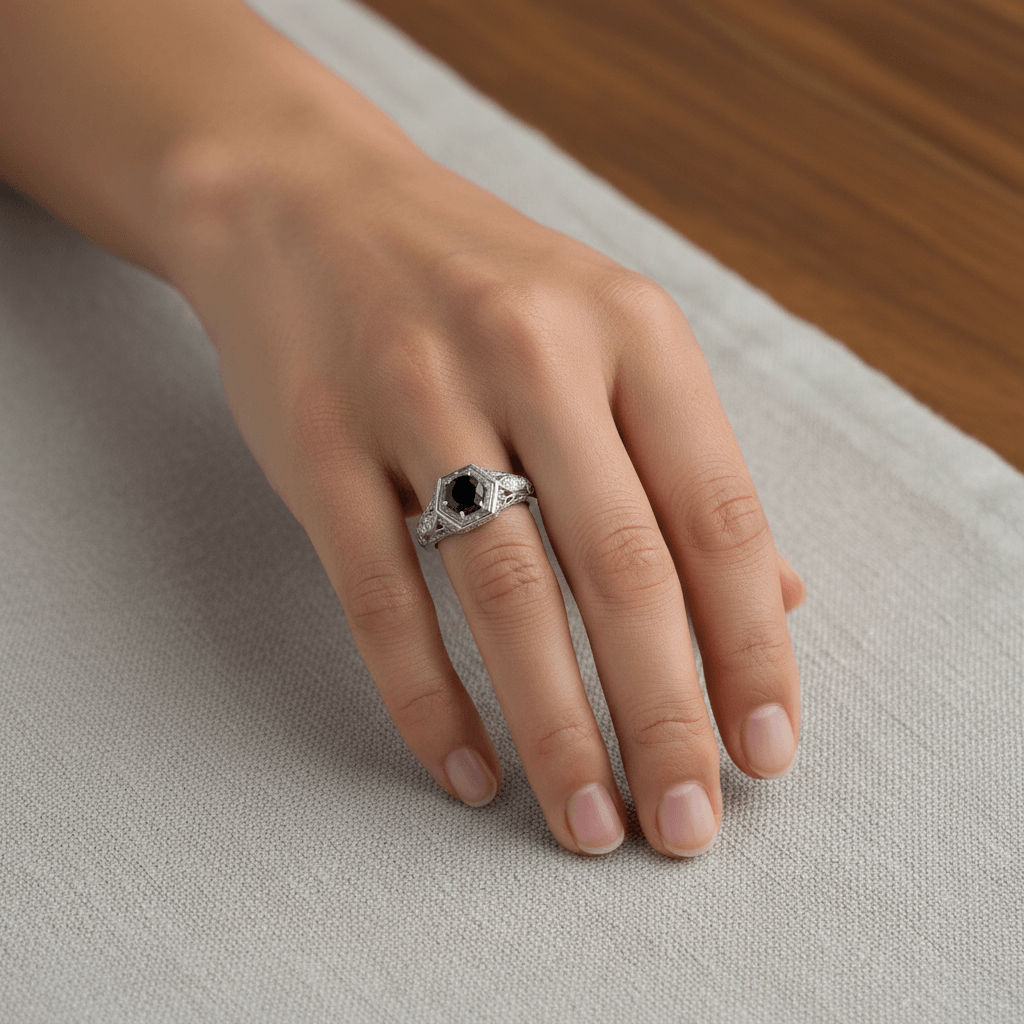 Victorian_Style_Round_Cut_Black_Diamond_Engagement_Ring_On_Hand