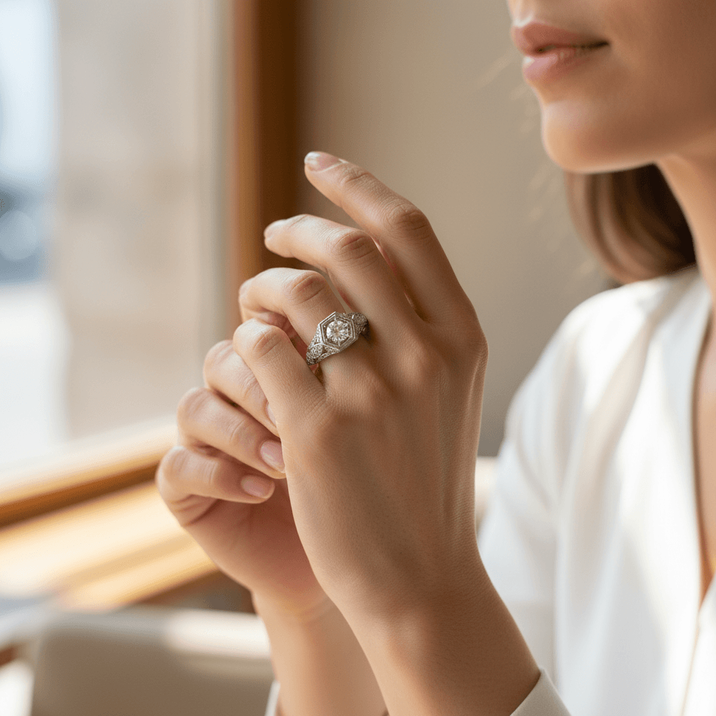 Victorian_Style_Round_Shape_Diamond_Engagement_Ring_On_Hand